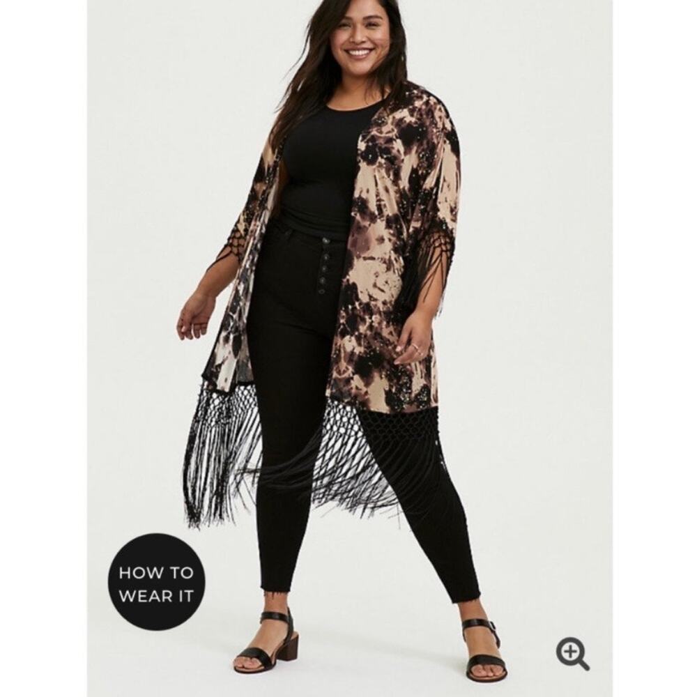 Torrid Brown&Black Tie Dye Fringe Kimono Sz.1/2 NWT